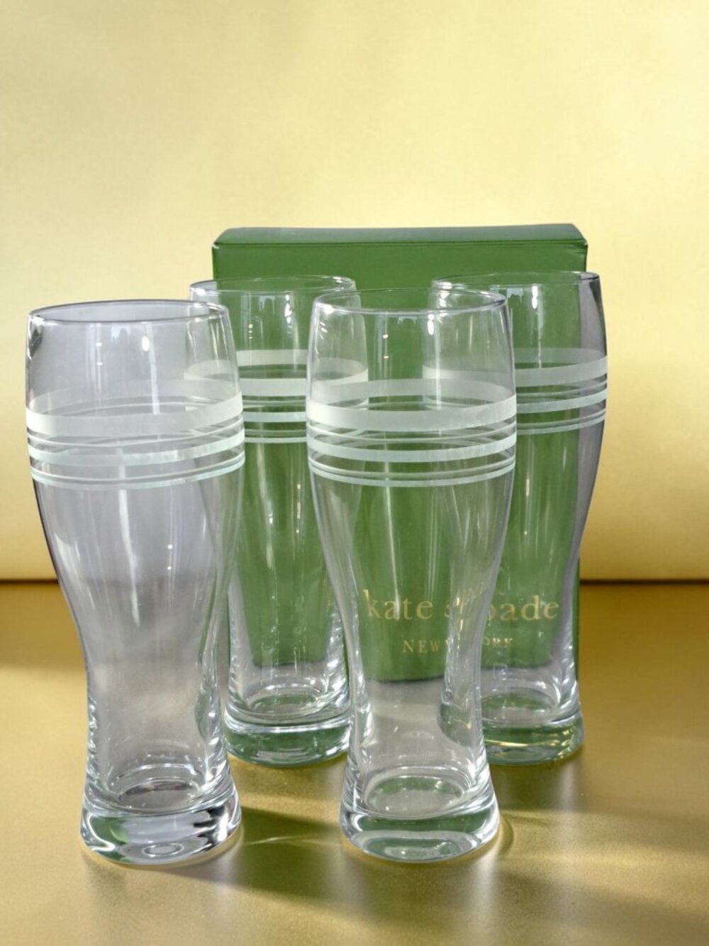 4 Lenox Kate Spade Library Stripe Wheat Beer Glasses 8 1/2 Inches Tall
